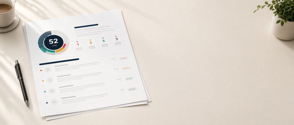 An AegorIQ website audit report on a desk